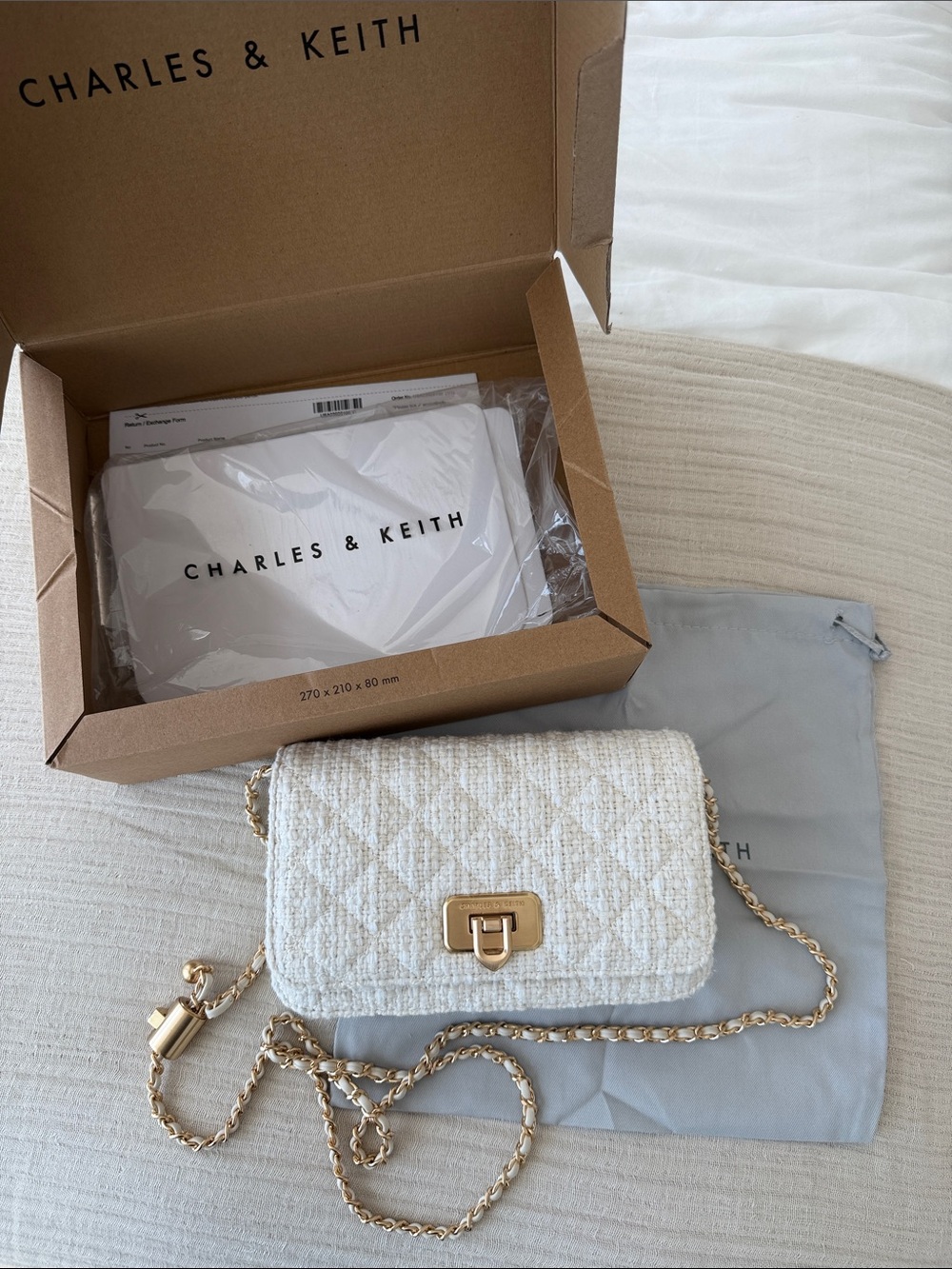 Charles & Keith Cream Quilted Tweed Chain Crossbody Bag with Gold Hardware